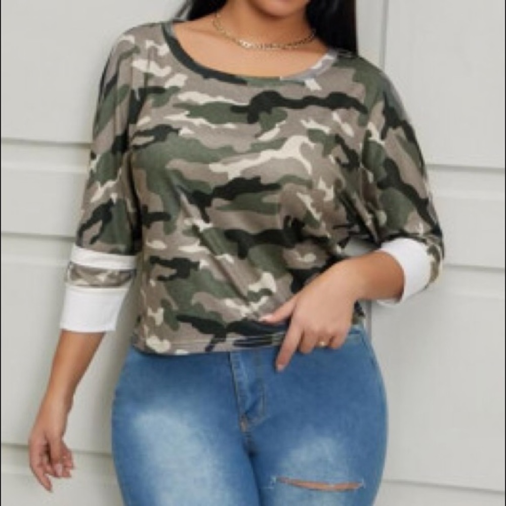 💋Camouflage W/ White Stripes Quarter Sleeve Shirt